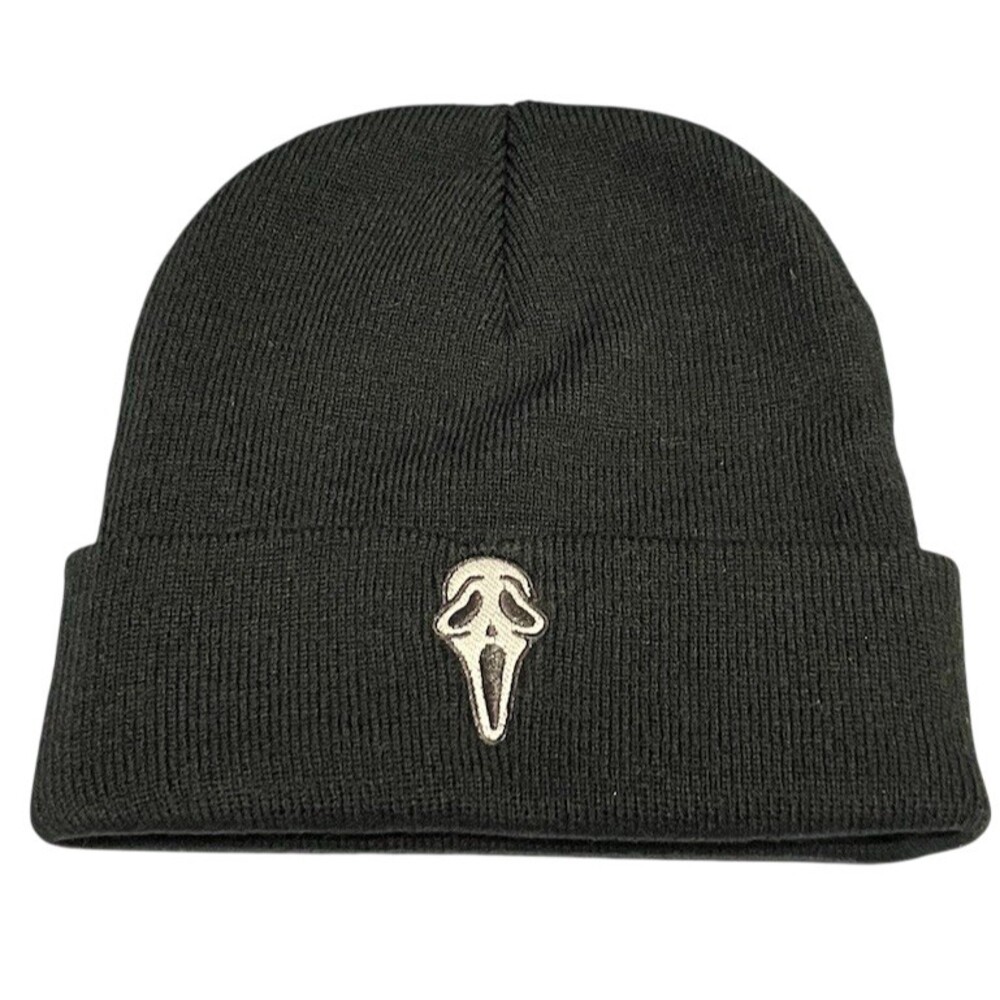 Y2k Unisex Knit Ghost Face Embroidered Beanie Hat OS Black Gothic Movie Grunge
